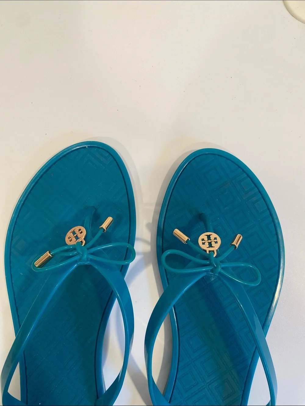 Tory Burch Teal Jelly Bow Flip Flop Sandals with Gold Logo